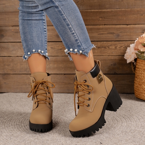 Spring Autumn Women Short Boots Chunky High Heel Leather Boots Lace-up Ladies Shoes, Size: 35(Yellow)