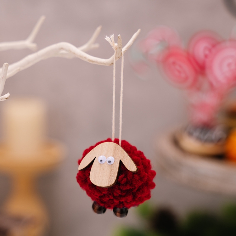 

Christmas Tree Wooden Lambskin Lamb Pendant Holiday Decorations(Red)