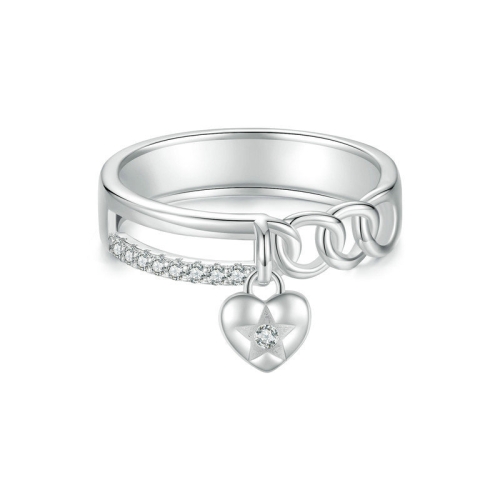 

S925 Sterling Silver Platinum-plated Double-layer Chain Heart-shaped Ring, Size: 6(BSR572)