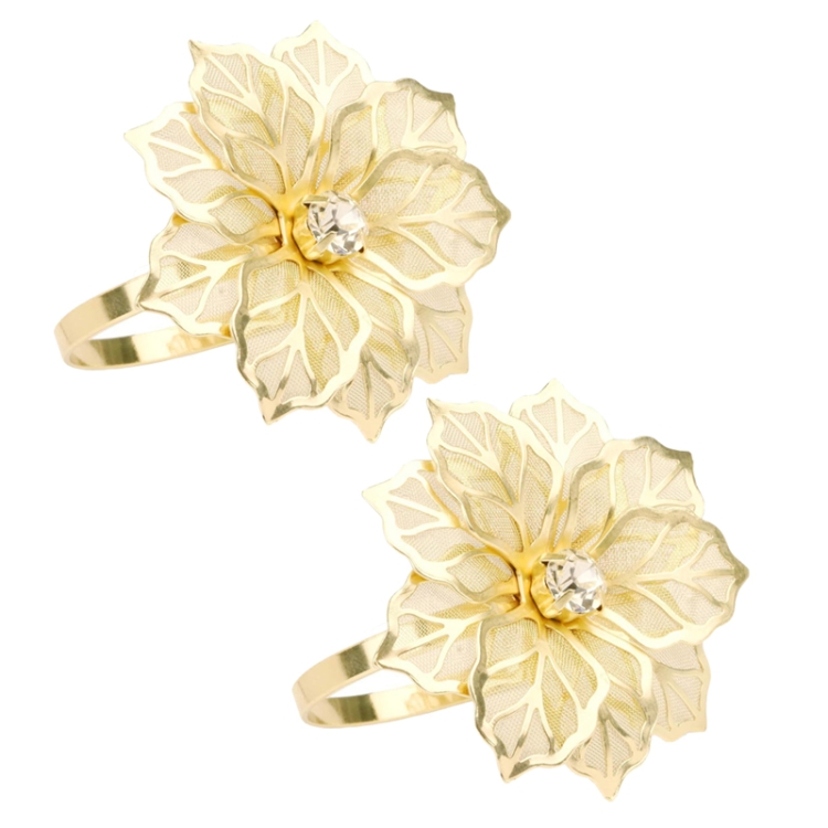 

2pcs Alloy Napkin Ring Flower Rhinestone Design Napkin Buckle Wedding Party Dinner Table Decoration(Gold)