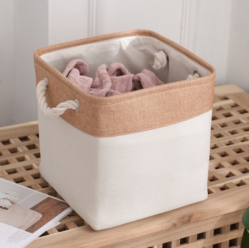 

11 Inch Linen Fabric Storage Bag Large Capacity Square Collapsible Clothes Toy Organizer(Khaki and White)