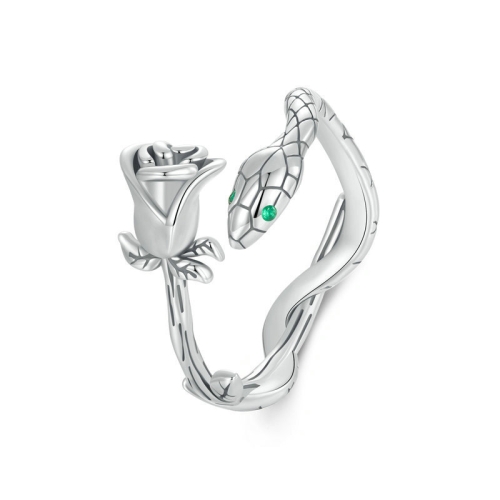 

S925 Sterling Silver Platinum-plated Snake Rose Open Ring, Model: SCR1041-E