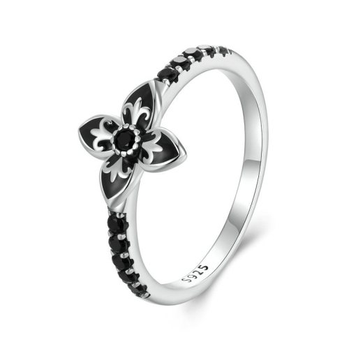 SCR1075 S925 Sterling Silver Oxidized Retro Elegant Black and White Flower Ring(6)