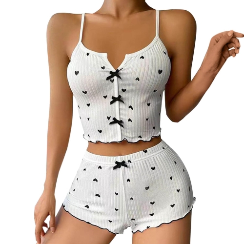 

Suspender Shorts Sexy Bow Print Milk Silk Pajamas Set, Size: S(White Background Black Heart)