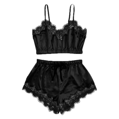 

Ice Silk Lace Sexy Suspender Pajama Set, Size: S(Black)