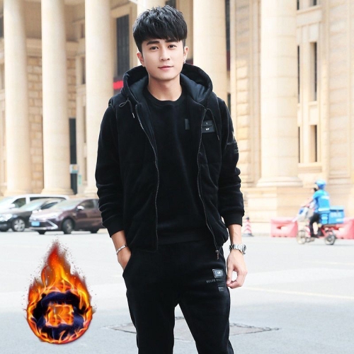 3 In 1 Autumn Men Plus Velvet Sweatshirt Pants Sportswear Suit Teenagers Loose Casual Warm Sports Suit, Size: M(Black)