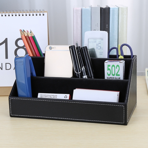 

Desktop Stationery Box Multi-functional PU Leather Home Compartment Sundry Organizer Storage Box, Size: 24x13.5x12cm(Black)