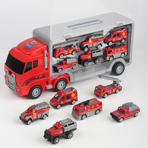 Children Storage Container Truck Model With Six Alloy Cars Simulation Engineering Fire Fleet Toy Gift, Style: Fire Convoy