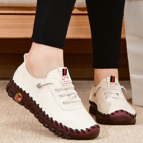Women Handmade Plus Size Flat Shoes Comfortable Soft-soled Breathable  Casual Leather Loafers, Size: 35(White)