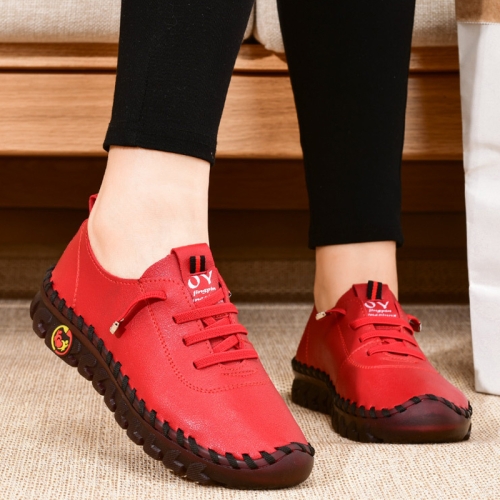 Women Handmade Plus Size Flat Shoes Comfortable Soft-soled Breathable  Casual Leather Loafers, Size: 38(Red)