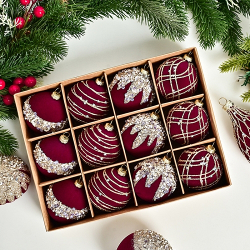 

12pcs /Box 6cm Diamond Flocked Christmas Balls Painted Christmas Tree Ornaments(Red Wine)