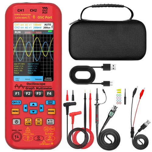 

BSIDE O9 Digital Handheld Dual Channel 50MHz Oscilloscope Signal Source Multimeter, Spec: With Single Oscilloscope Probe (Red)