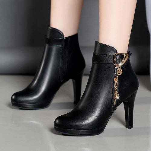 

Winter Women Ankle Boots Plush Fine High Heels Sexy Round Toe Boots Simple Zipper Women Shoes, Size: 35(Black)