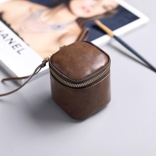 Oil Wax PU Leather Portable Bucket Bag Mini Retro Lipstick Earphone Bag Small Objects Storage Coin Purse(Coffee)