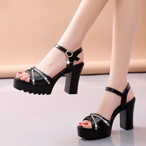 

Women Block Chunky High-heeled Sandals Rhinestone Platform Open Toe Comfortable Shoes, Size: 35(Black)