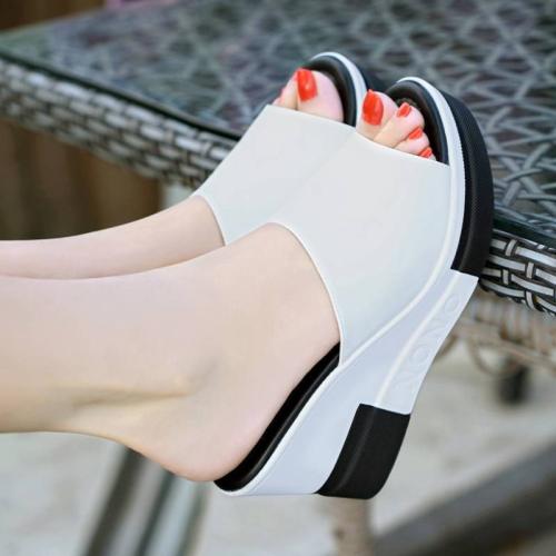 

Women Soft PU Leather Platform Wedge Slide Sandals High Heel Open-Toe Slippers, Size: 35(White)