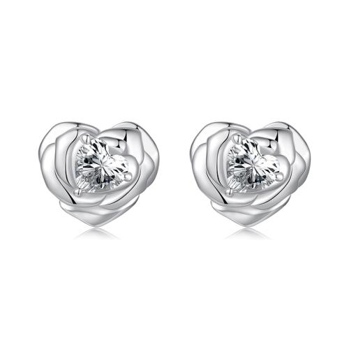 

S925 Sterling Silver Platinum-plated Heart Rose Flower Earrings(BSE1140)