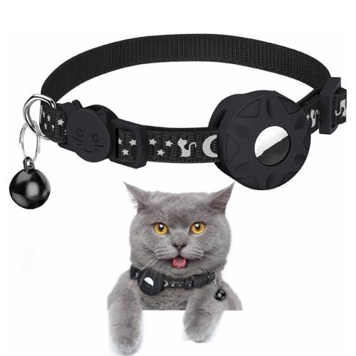 

For AirTag Tracker Silicone Case Reflective Stars And Moon Cats Dogs Pet Collar With Bell(Black)