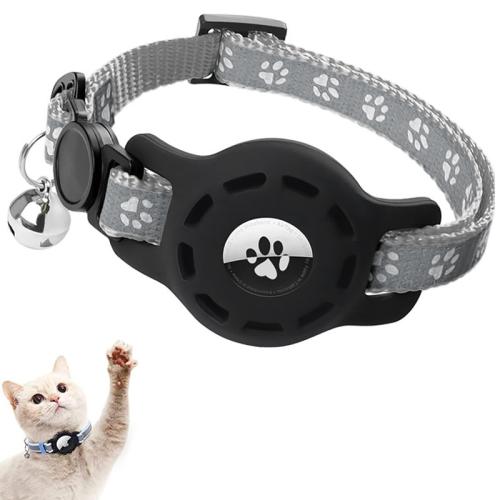 

For AirTag Tracker Silicone Case Pet Collar Locator Protective Case Reflective Cat Collar With Bell(Gray)