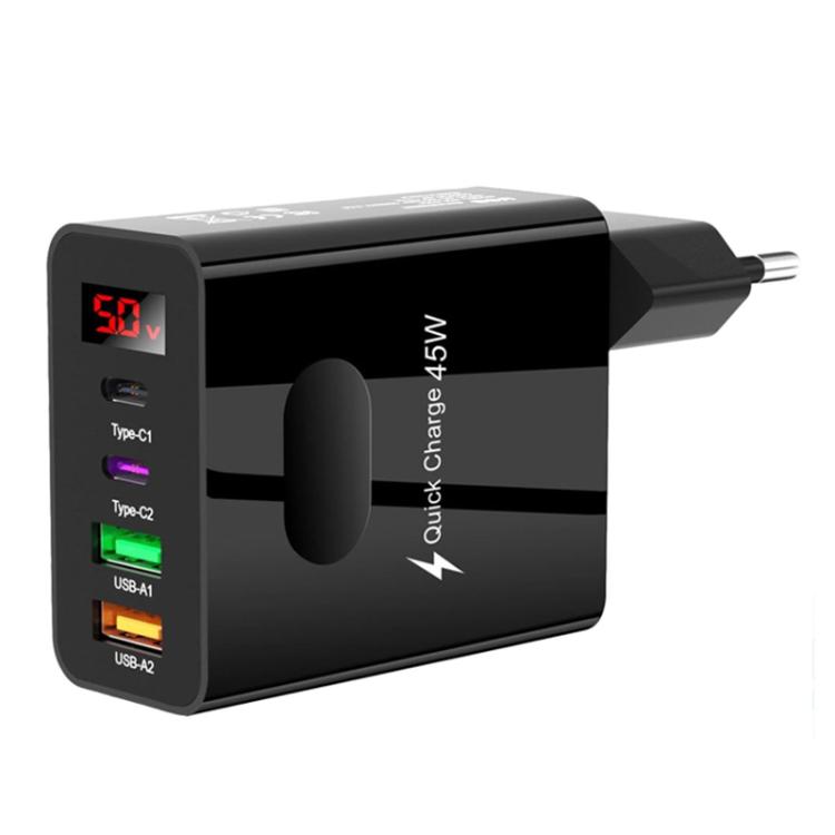 

2 USB+2 Type-C Digital Display Mobile Phone Multi-port Charger, Color: EU Plug Black