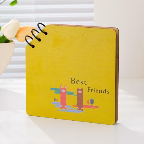 

DIY Wooden Square Memorial Album Kids Growth Photo Album Cartoon Photo Book(Best Friends)