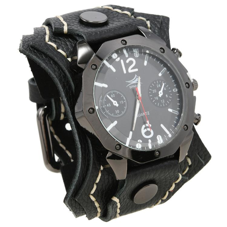 

DPANCO W01477 Vintage Multi-Layered Hand-Stitched Leather Bracelet Watch For Men Bold Punk Rock Chain Wristband Accessory(Black)