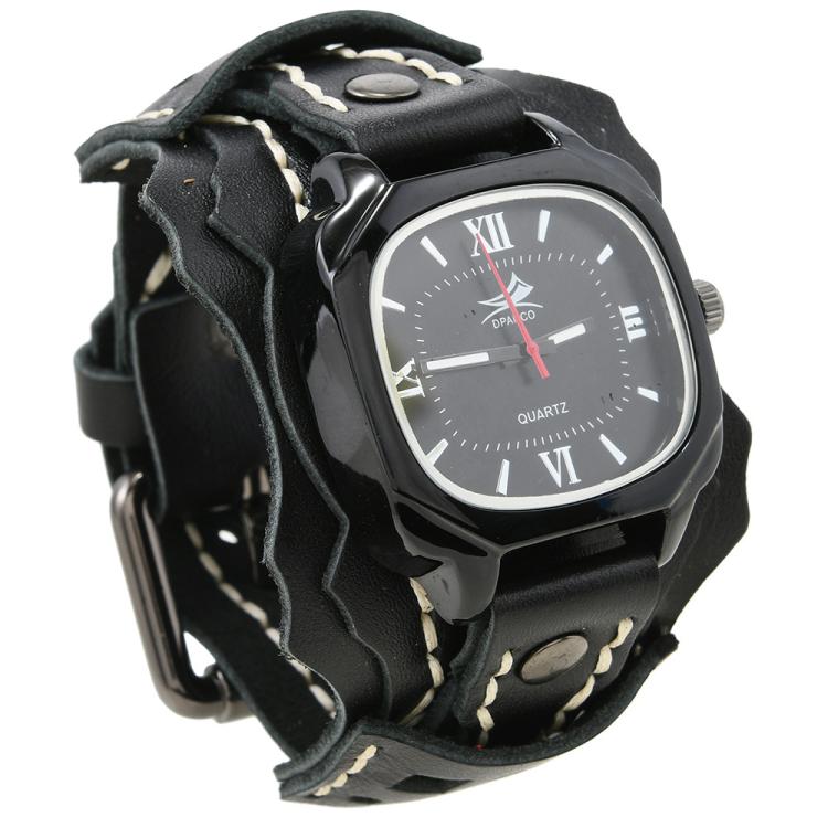 

DPANCO W01478 Hand-Stitched Multi-Layered Men Cowhide Bracelet Watch Bold Punk Rock Chain Wristband Accessory(Black)