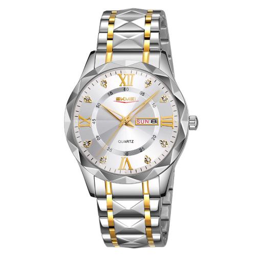 

SKMEI Business Casual Watches Diamond Case Luminous Waterproof Quartz Watch, Style: Men Silver Gold Strap Silver Dial