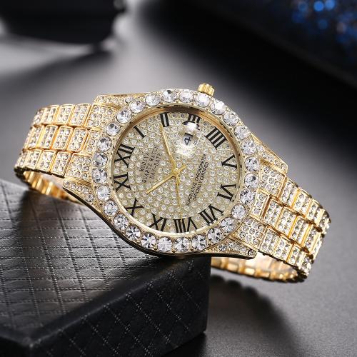 

RUO LIN DO Calendar Rhinestone Men Alloy Watch, Style: Gold Diamond Dial