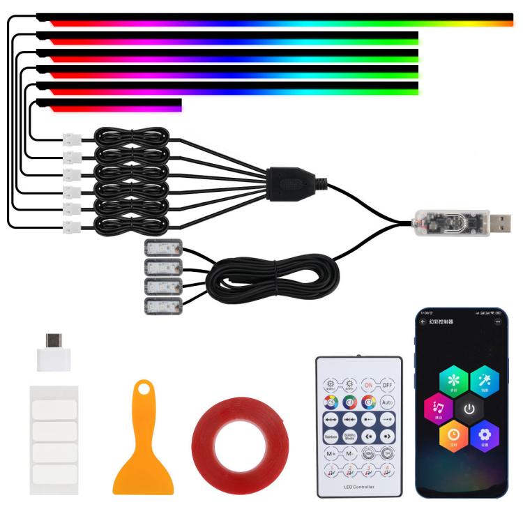 

3 Control App Remote Control Colorful Car Interior Ambient Lighting Modified LED Acrylic USB Car Ambient Lighting, Spec: 110cm+75cm x 4+35cm+Footlight x 4 10 In 1