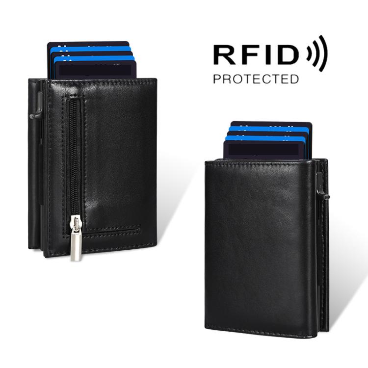 

Pop-Up RFID Blocking Card Bag Wallet Genuine Leather & Aluminum Card Holder Zipper Coin Bag(Black)
