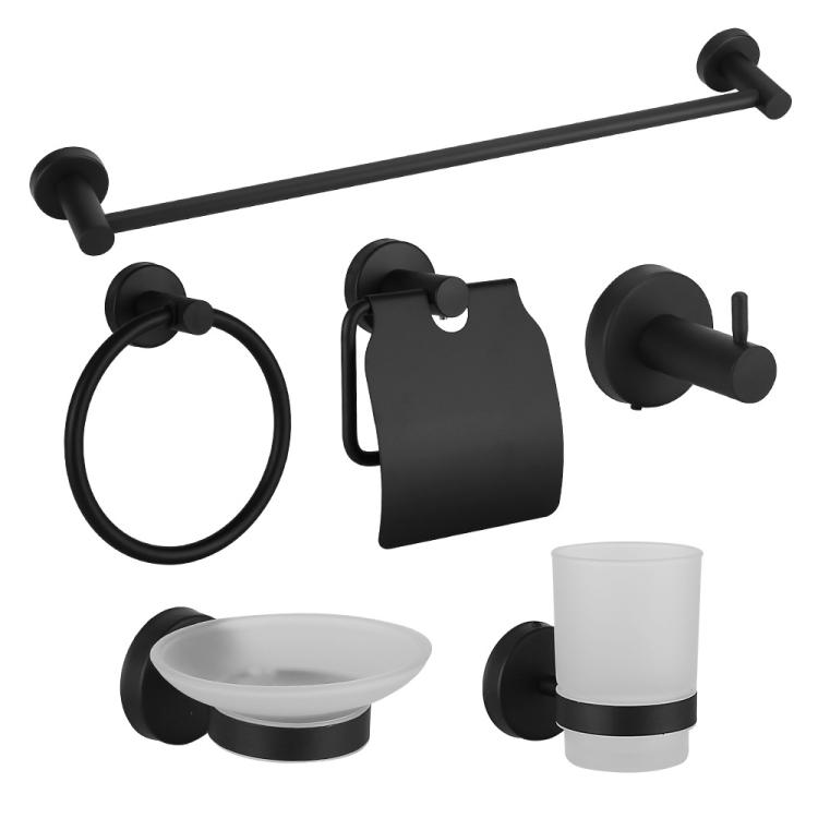 

6-in-1 Stainless Steel Bathroom Hardware Set - Towel Bar, Ring, Toilet Paper Holder, Hooks, Soap Dish, Cup Holder for Shower Wall Organization(Black)