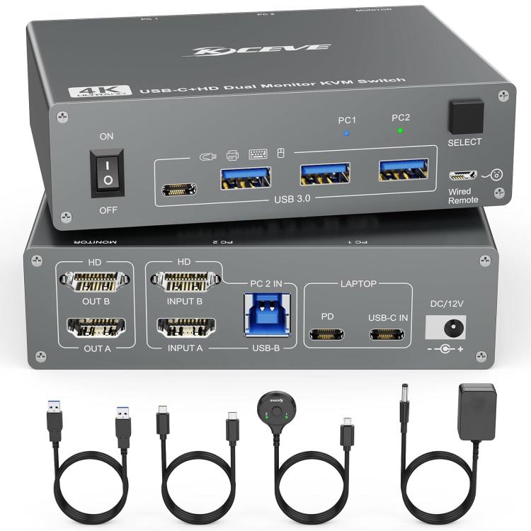 

KVEVE KC-KVM202CH USB 3.0 Dual Monitor 4K 60Hz KVM Switch US Plug