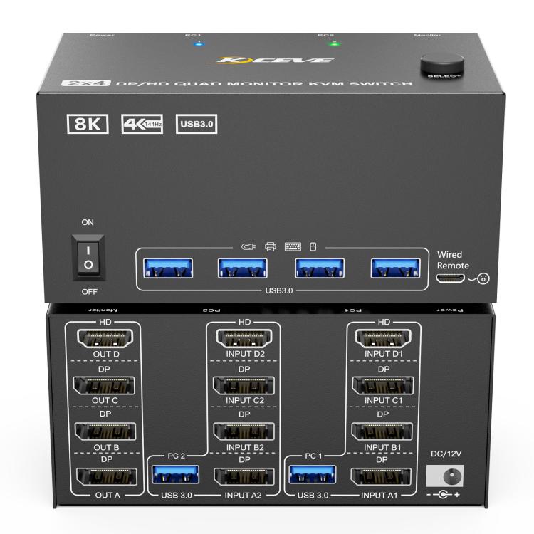 

KCEVE KC-KVM204D3 HDMI+3 DP Ports KVM Switch Supports 4 Displays 2 Computers 4K 144Hz / 8K 60Hz US Plug(Black)