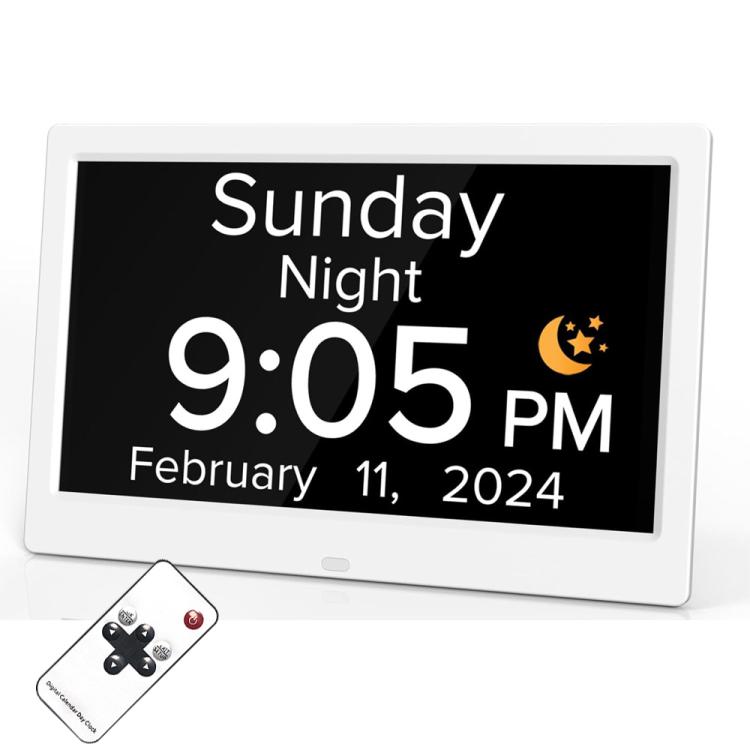 

10-Inch Digital Clock With Voice Time Announcement, Auto DST Adjustment, 20 Custom Alarms, 8 Medication Reminders US Plug White
