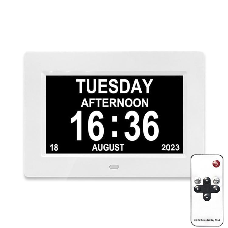 

7-inch Digital Frame Calendar Day Clock With 3 Medication Alerts, 5 Custom Alarms, Multi-Language Support US Plug White