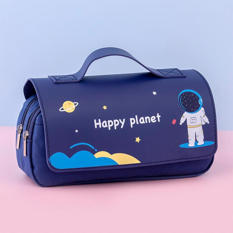 

Student Handheld Double Layer Large Capacity Pencil Case Simple Planet-Themed Stationery Box(Navy Blue)