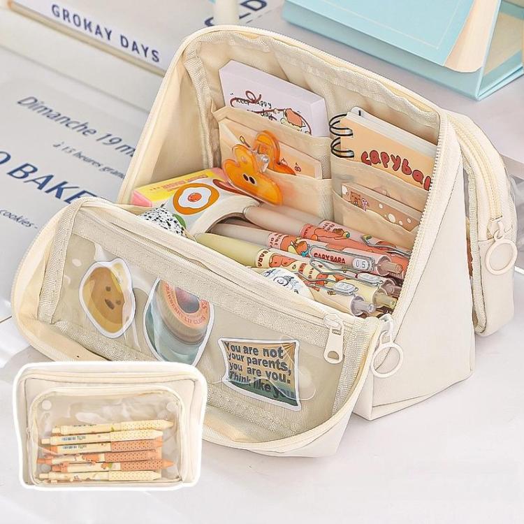

Large Capacity Pen Pouch With Detachable Transparent Layer Simple Stationery Pouch For Students(Beige)