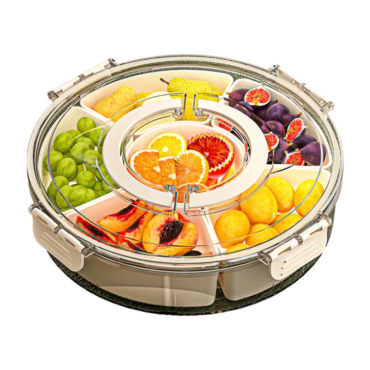 

360-Degree Rotating 6-Compartment Snack Tray with Handle & Airtight Lid – Round Portable Food Storage Container for Fruits, Nuts, Candy(White)