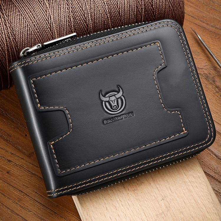 

BULL 235 CAPTAIN 2 Fold Zipper Leather Wallet RFID Multi-Functional Card Holder(Black)