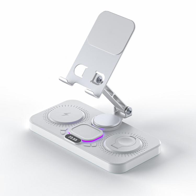 

4-in-1 Fast Wireless Charging Station for iPhone/iPad/Apple Watch/AirPods Magnetic Foldable Stand with Clock Display & Cool Light Effect(White)
