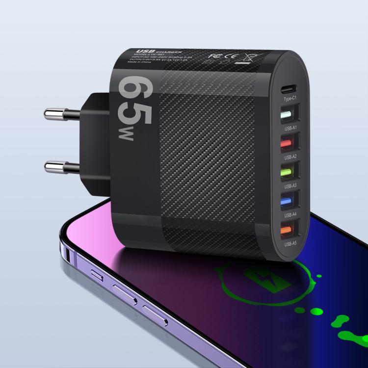 

65W 5USB+Type-C 6-Ports Cell Phone Charger EU Plug (Black)