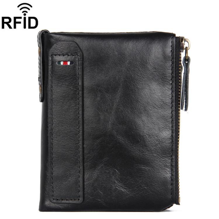 

Leather RFID Men Short-Style Wallet Double-Zipper Billfold(Black)
