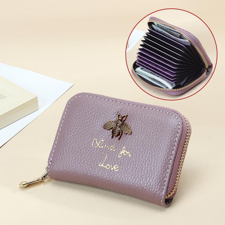 

FQ506 Leather RFID Anti-Skimming Little Bee Card Holder Multi-Card Slot ID Zipper Small Wallet(Purple)
