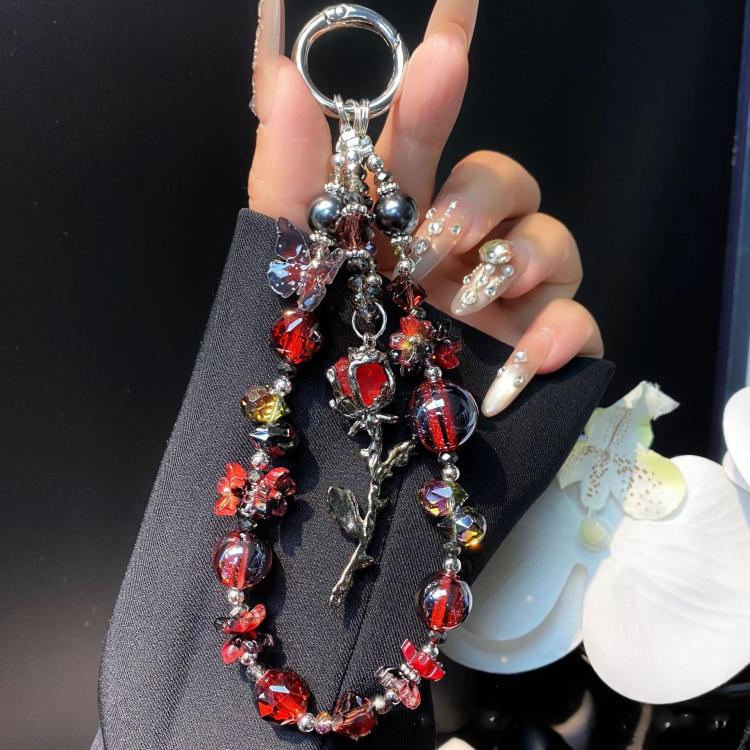 

Alloy Rose Pendant Crystal Cell Phone Chain Beaded Wrist Lanyard(Red)