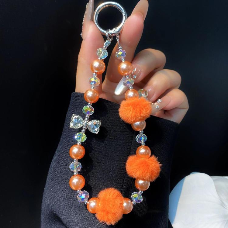 

Plush Ball Cell Phone Lanyard Wrist Chain Camera Keychain Charm Pearl Bow Lanyard(Orange)