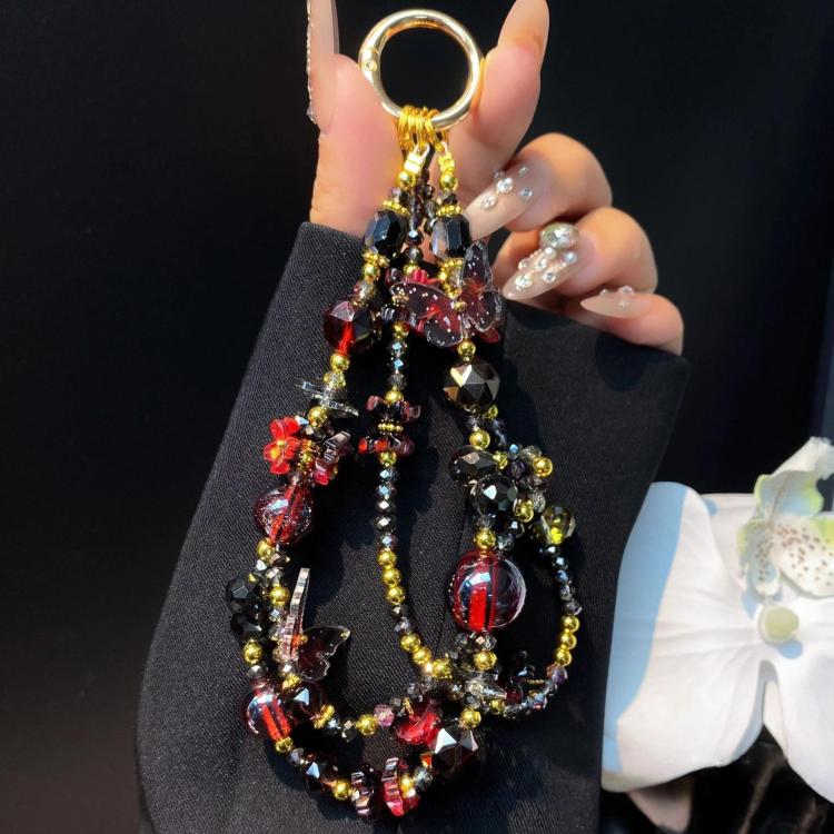 

Butterfly Crystal Handmade Beaded Wrist Short Cell Phone Chain Double Chain Key Bag Charms(Black Red)