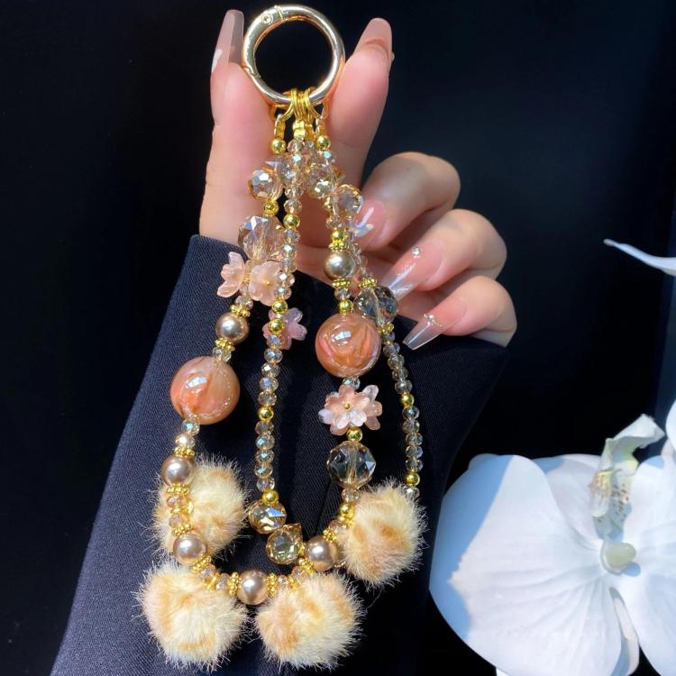 

Leopard Print Fur Ball Cell Phone Lanyard Double Chain Crystal Beaded Pearl Plush Cell Phone Chain(棕色)