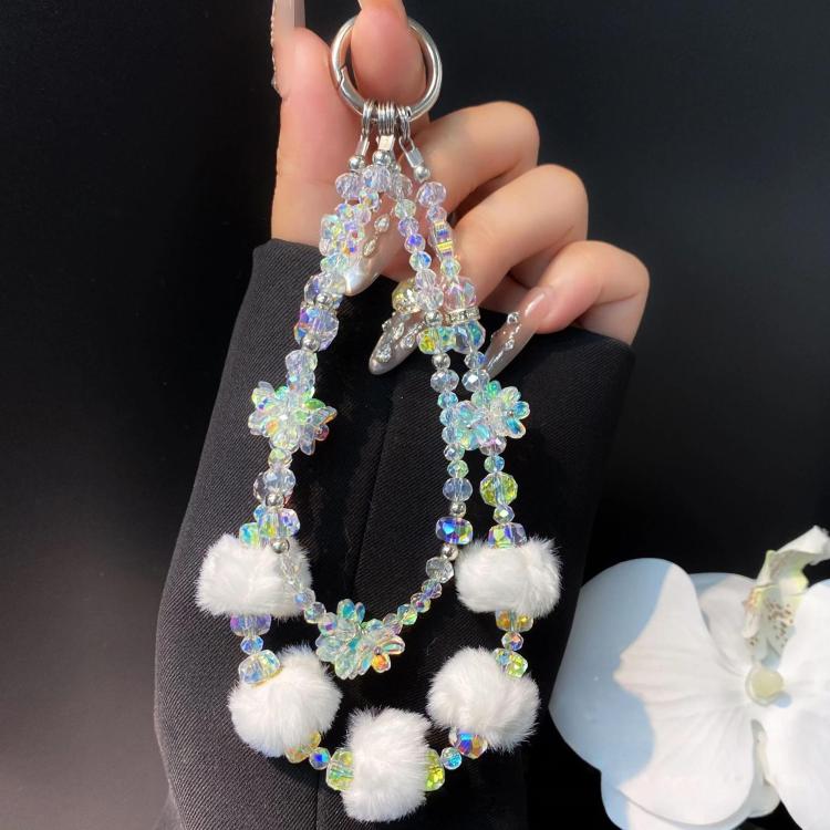 

Plush Beaded Cell Phone Chain Keychain Bag Charm Crystal Double Chain Phone Case Accessories(White)