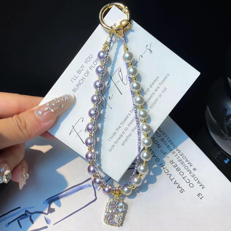 

Pearl Cell Phone Chain Beaded Flower Zirconia Pendant Chain Crystal Wrist Charms(Purple)